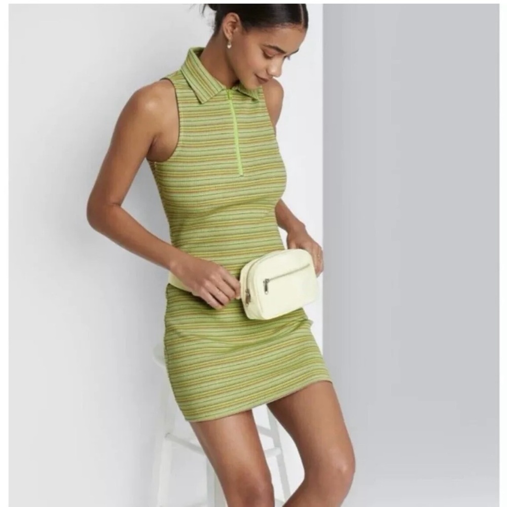 NWT Wild Fable Sleeveless Zip Front Green Stripe Ribbed Bodycon Polo Dress